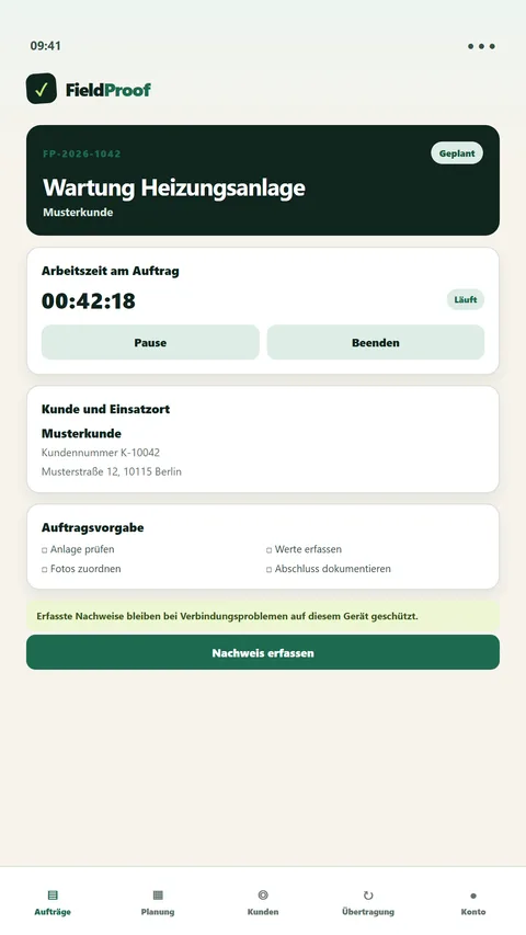 FieldProof Auftragsdetail mit Arbeitszeit-Erfassung und Nachweis-Checkliste